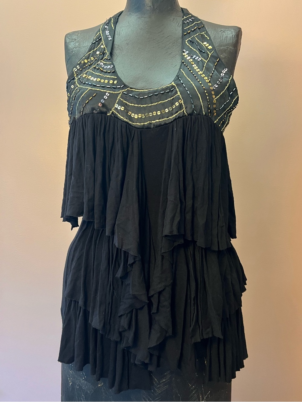 Y2K Flapper Style Beaded Sequin Ruffle Racerback Tank Top Size Small Party Top